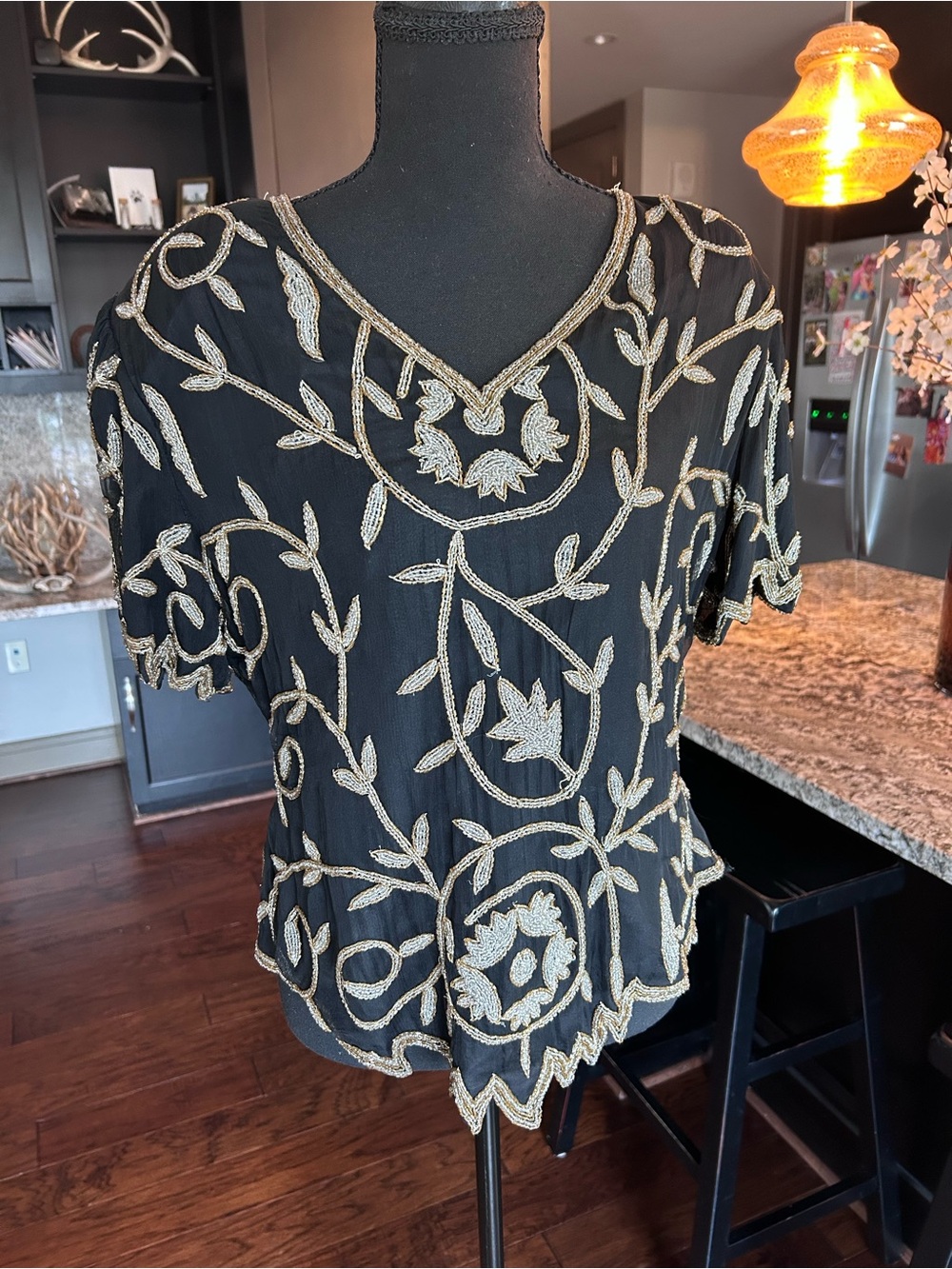 Vintage Laurence Kazar Black Silk Beaded Sequin Evening Top Gold Floral VTG